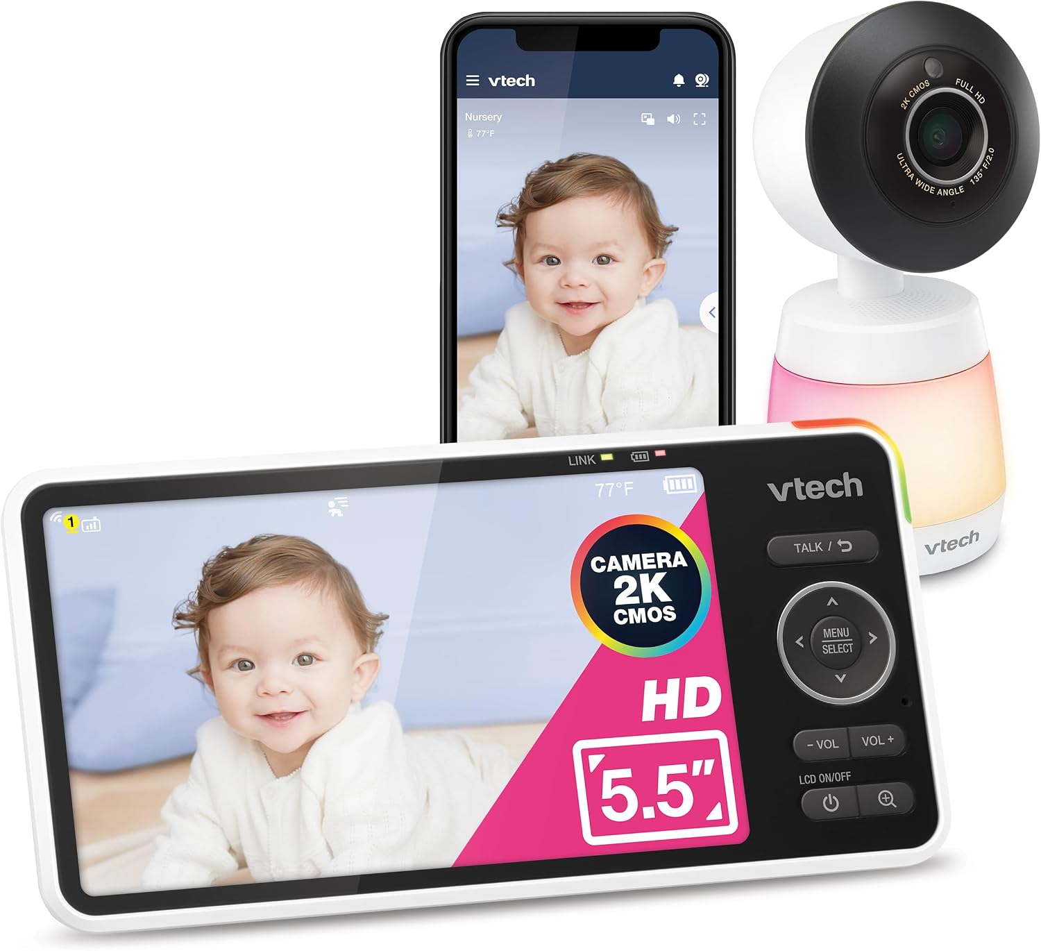 VTech Smart WiFi Baby Monitor – See Your Baby at Home or from Anywhere, 2K Camera, 5.5″ Screen, 24X Zoom, Wide Angle, Night Vision, Night Light, Free App | Smart HD Plus