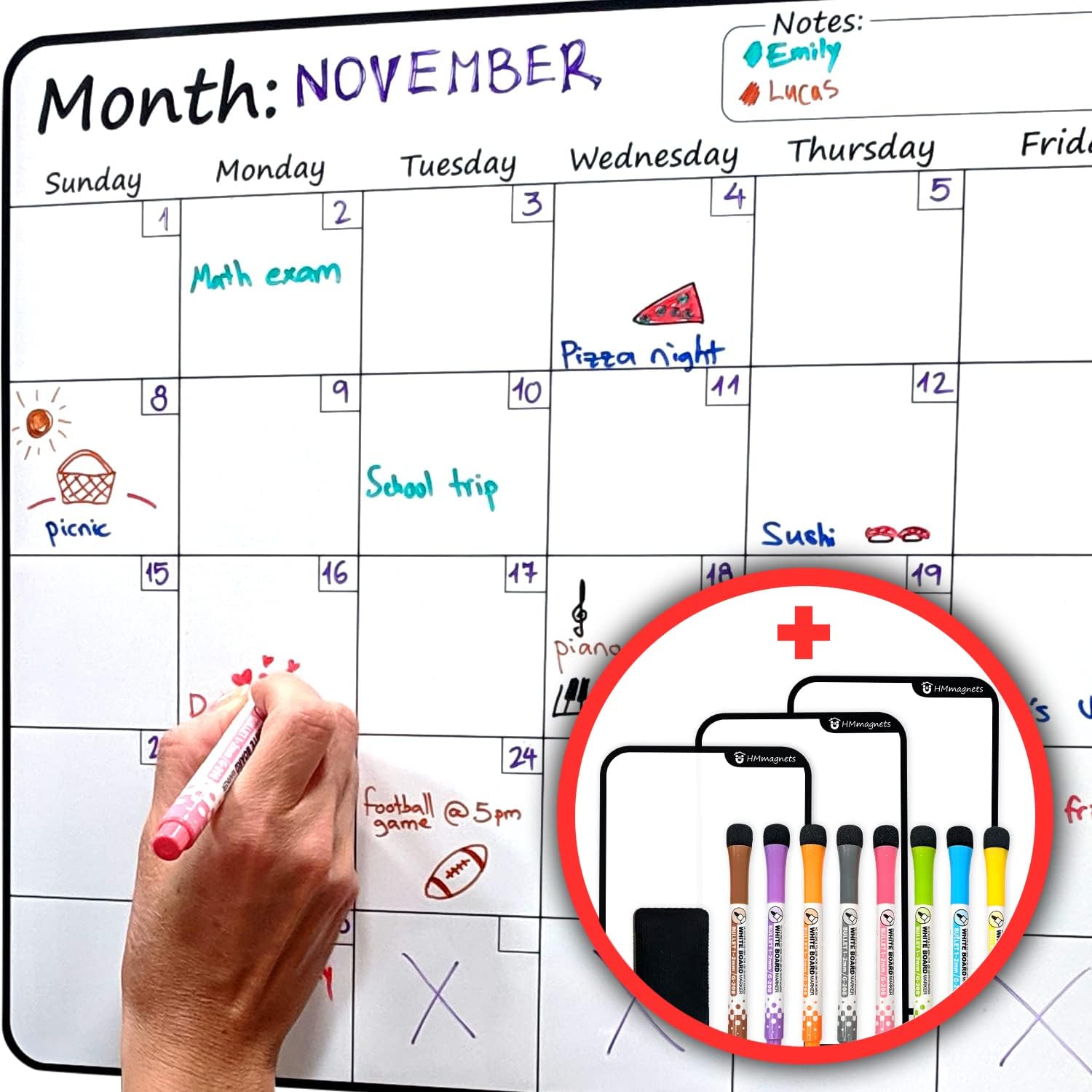Large Dry-Erase Magnetic Monthly Calendar + Free Bonus: 3 Grocery/to-Do List Whiteboards (Organizer/Planner) for Kitchen Fridge – Full Set: 8 Markers + Eraser | Stain Free | Horizontal
