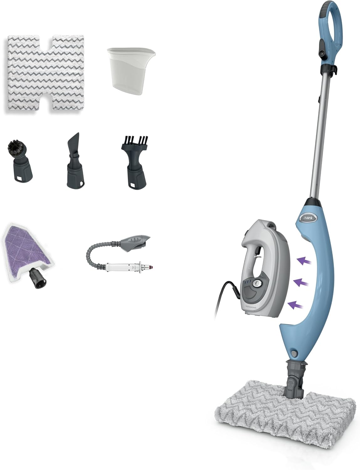 Shark Lift-Away Steam Mop with Detachable Handheld Steam, Blue, S3972BRN | 3 Steam Modes, 1 Double-Sided Washable Dirt Grip Pad, Grout and Nylon Brush, Upholstery Tool, Scraper, Whole Home Cleaning