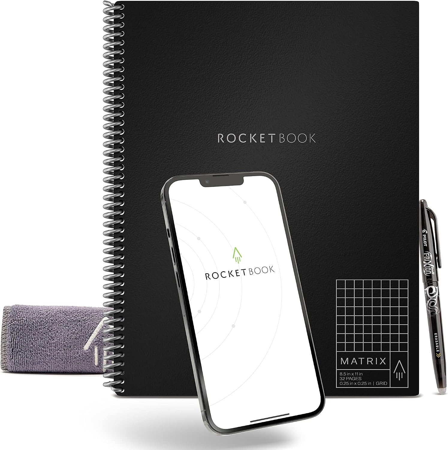 Rocketbook Matrix Reusable Graph Paper Notebook, Letter 8.5×11, Black | Smart Isometric Notebook, App-Connected, Includes Pen and Towel