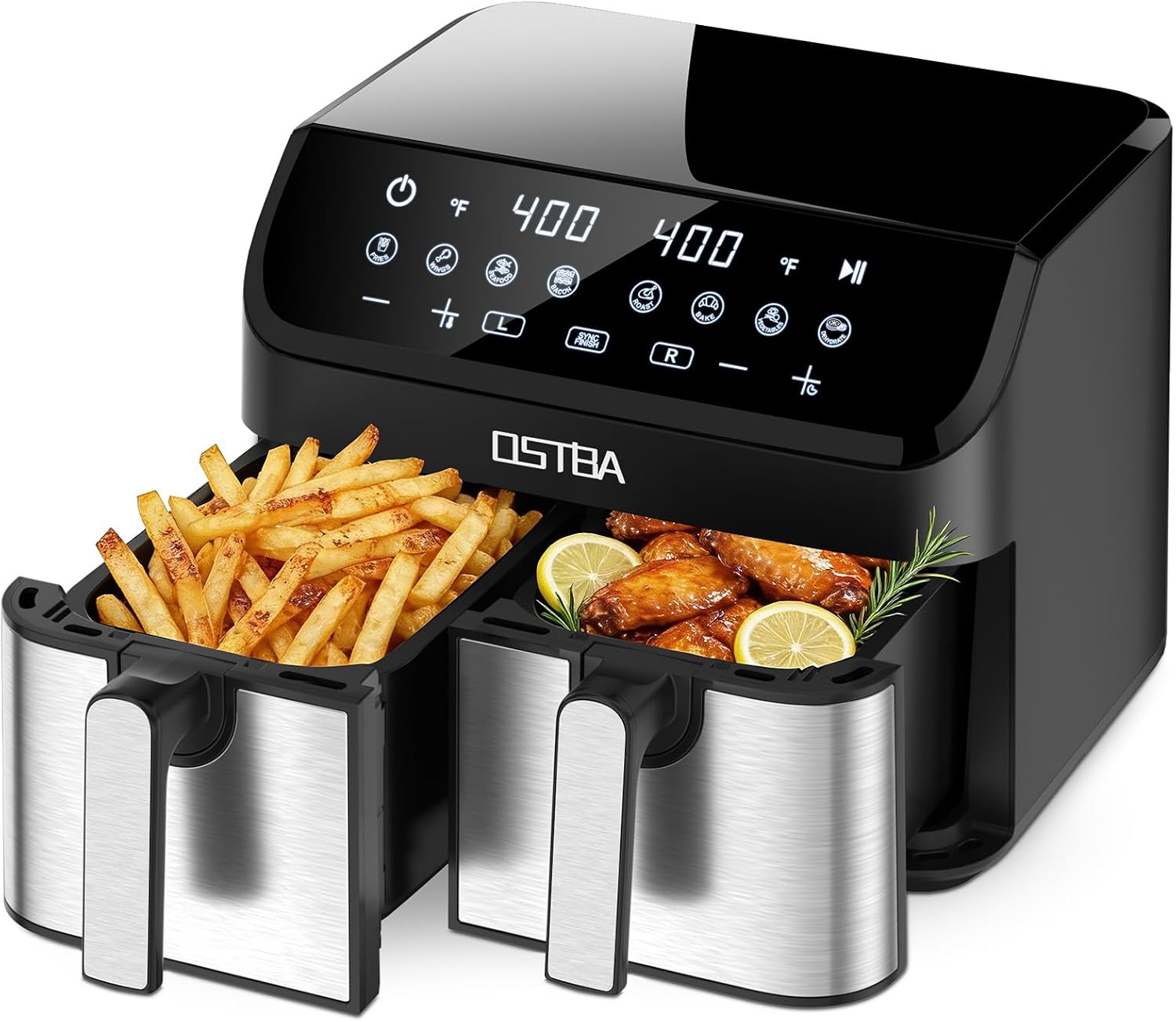OSTBA 9.5QT Dual Air Fryer with Double Baskets, 1700W | Dual 4.25QT stainless steel baskets, independent cooking zones, Sync Finish, digital touchscreen, 8 presets, dishwasher safe