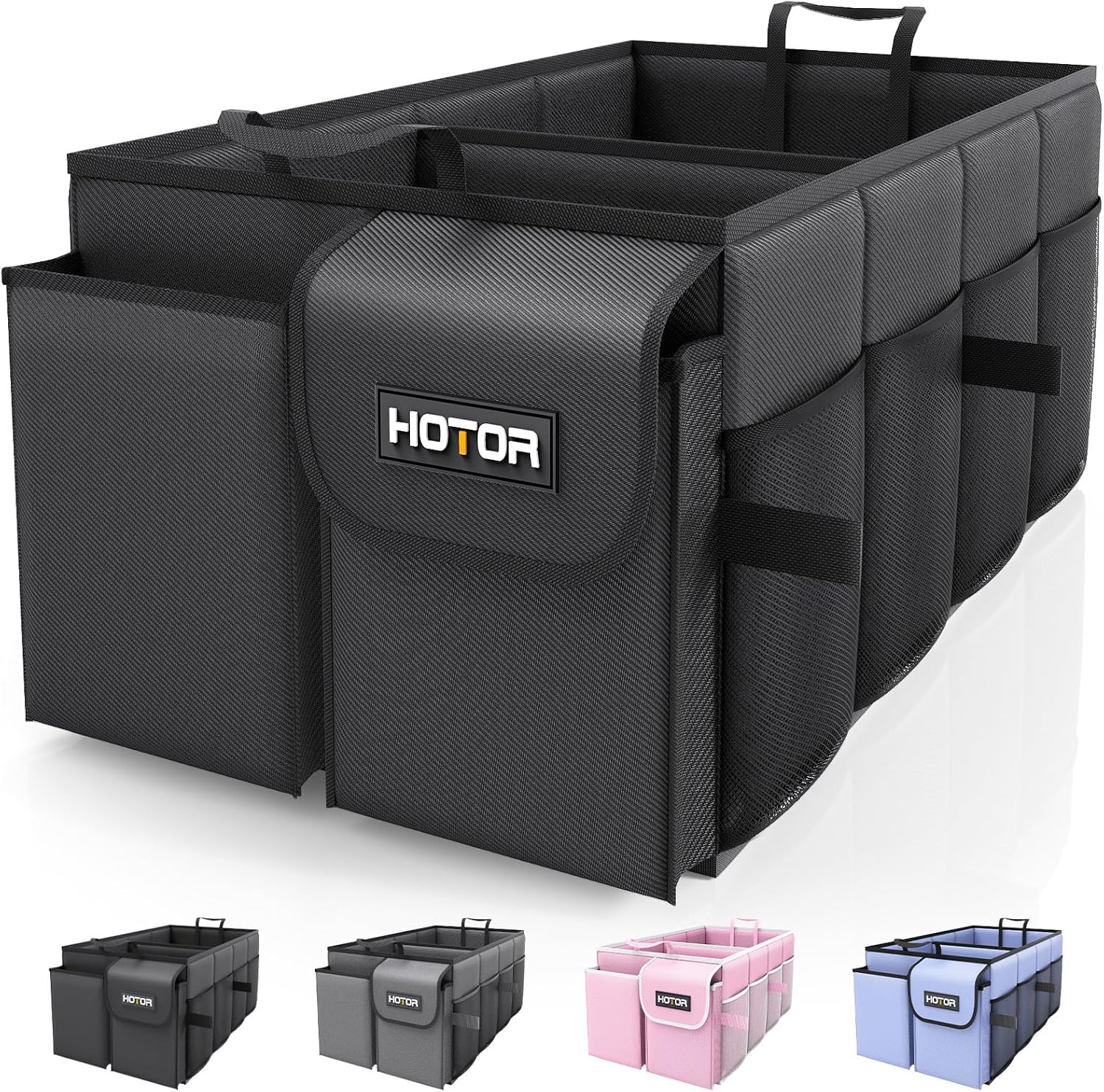 HOTOR Trunk Organizer – Foldable Car Organizer for SUVs & Sedans Storage | Sturdy Car Organization for Men & Women, Car Accessories, Tools, Sundries, Black, 2 Compartments, 21.3″ x 12.6″ x 10.6″