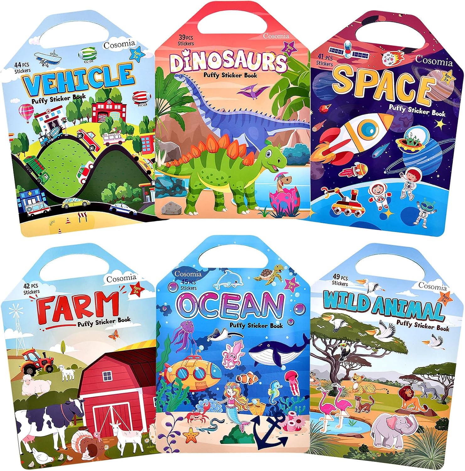 6 Set (260pcs) Puffy Sticker Books Activity for Kids | Animal, Farm, Dinosaurs, Space, Travel Toys Essentials Reusable Stickers for Boys and Girls Ages 3+