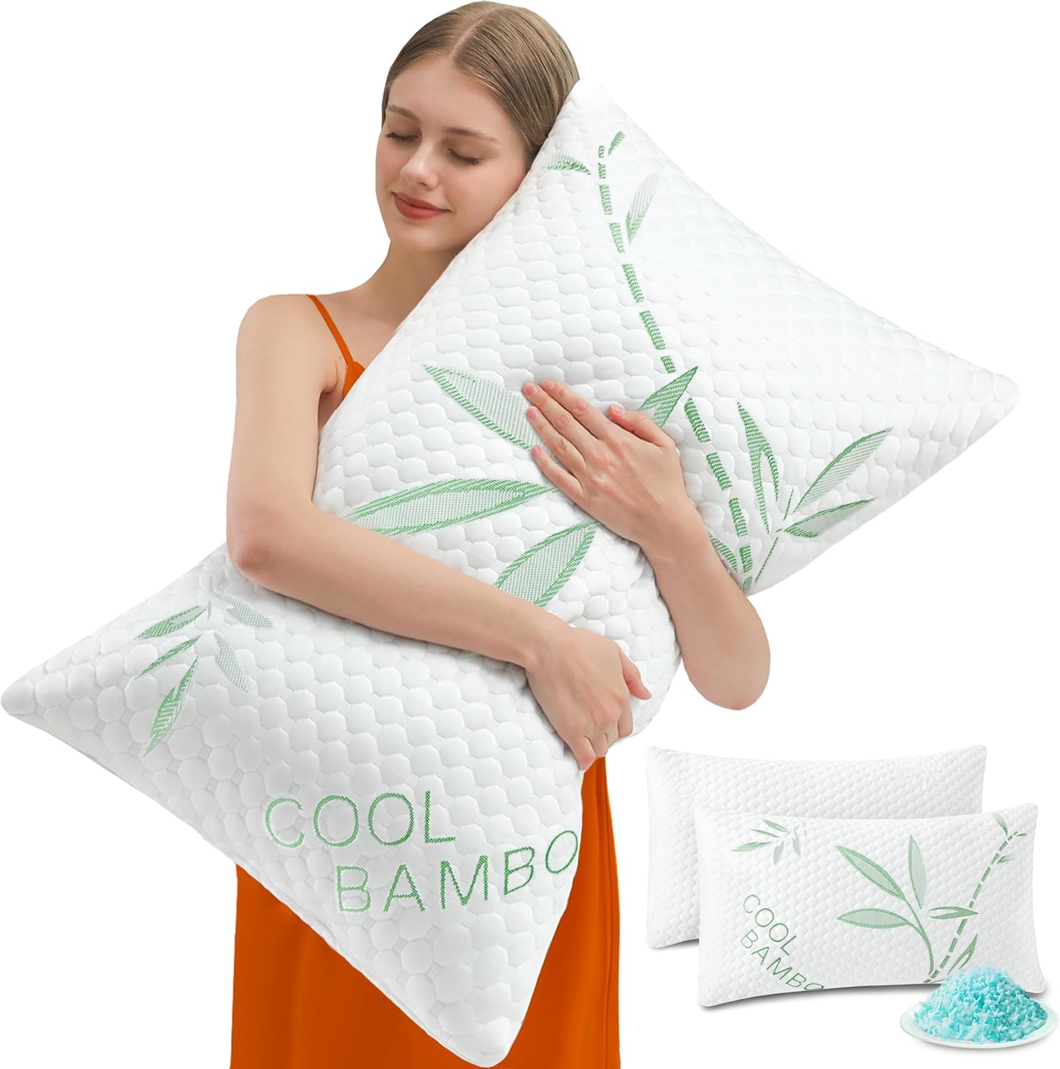 Memory Foam Pillows, Cooling Pillows Queen Size Set of 2 Adjustable Firm Bamboo Bed Pillows for Hot, Side, Back and Stomach Sleepers