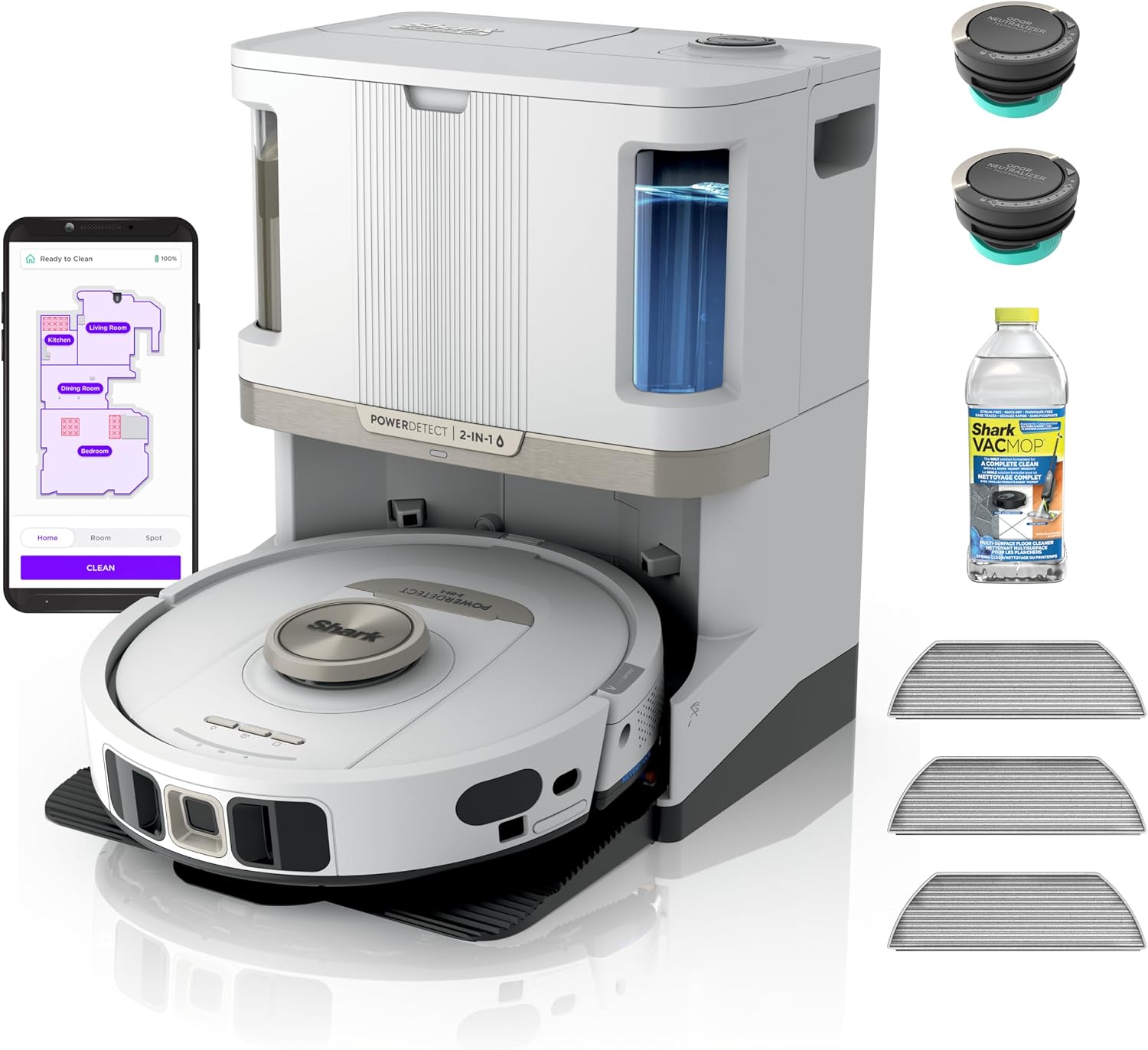 Shark PowerDetect 2-in-1 Robot Vacuum & Mop, White, AV2800ZE | 5 PowerDetect Technologies, NeverStuck, NeverTouch Pro Base (Self-Empty 60-Day, Refill, Pad Wash/Dry), 360° LiDAR + 3D Sensor
