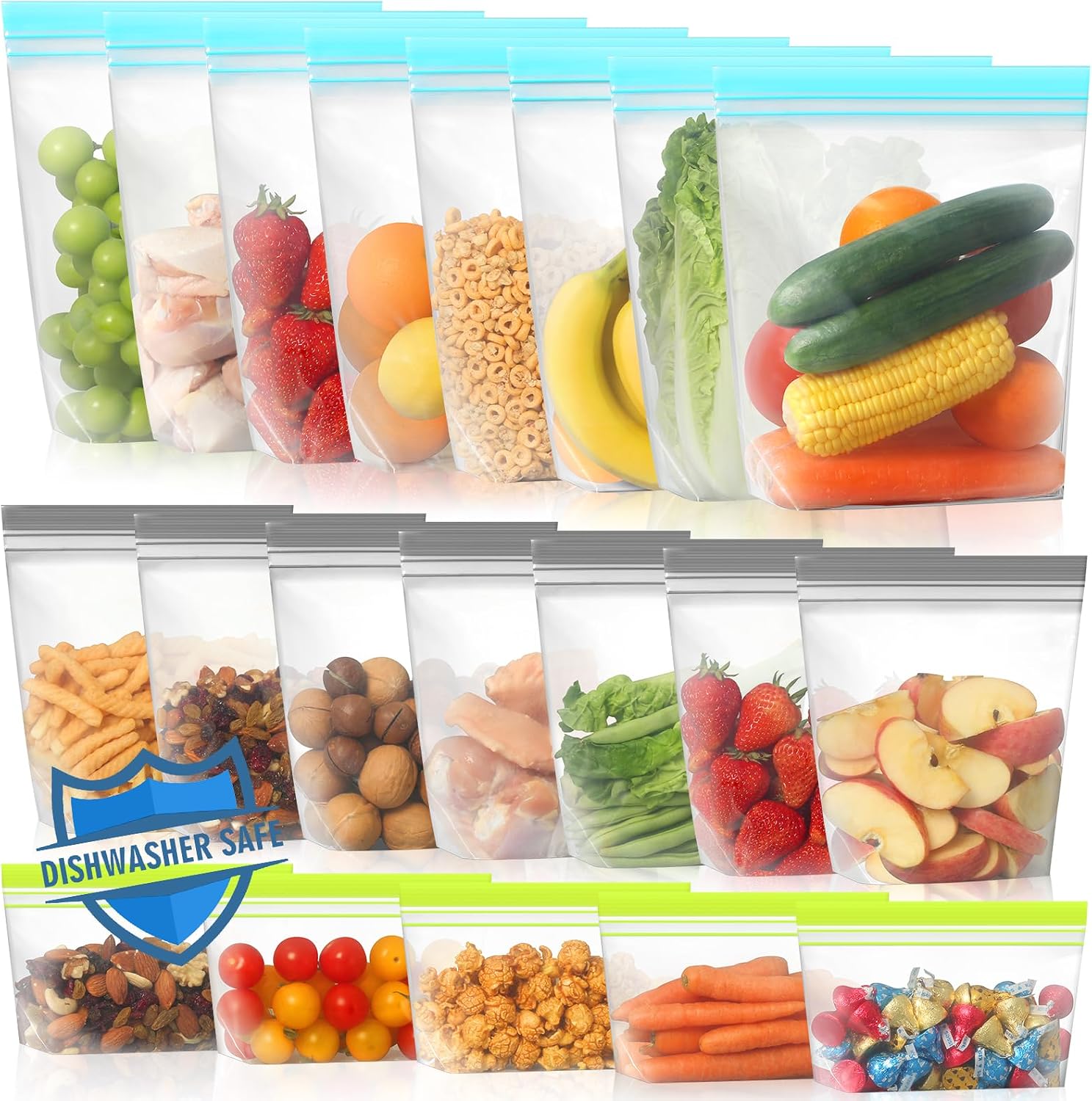 Lerine 20 Pack Reusable Freezer Bags Dishwasher Microwave Safe, Stand Up BPA Free Reusable Sandwich Bags, Silicone Free Leakproof Food Storage Bags for Meal Prep – 8Gallon 7Sandwich 5Snack | Leakproof,Double Seal, Food-Grade Material, BPA free, Food Storage Bags for Meal Prep, Fruits, 8Gallon 7Sandwich 5Snack