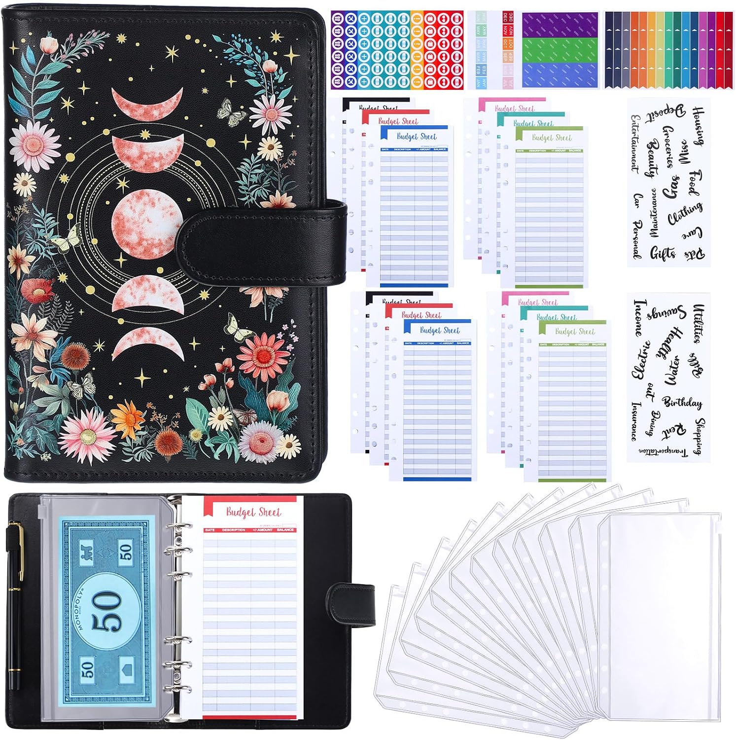 Colarr 32 Pcs Budget Binder A6 Money Organizer Budget Binder with Zipper Envelope Planner for Cash Bill Organizer Expense Sheet Saving Money(Butterfly Floral)