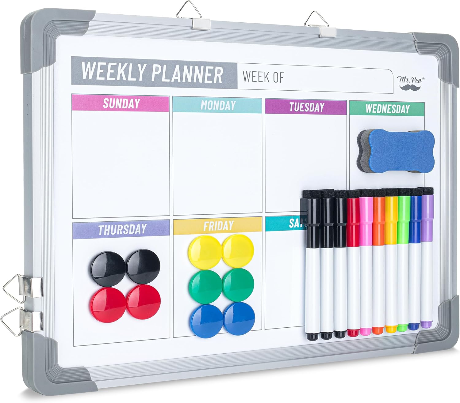 Mr. Pen- Magnetic Weekly Erase Board, 12″ x 16″, Double-Sided with Markers | 10 Magnets and Eraser