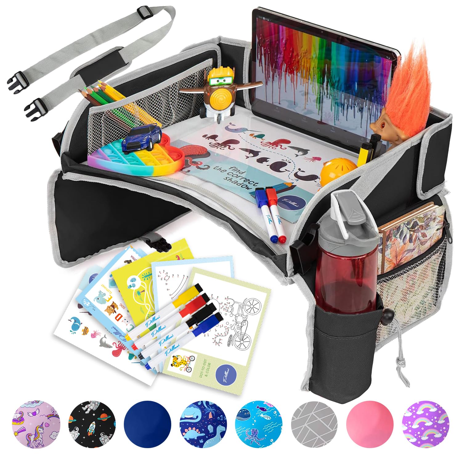 Kids Travel Tray for Car – Car Seat Tray with Activity Sheets & Pens, Road Trip Essentials for Car & Airplane, Must Have Toddler Travel Lap Desk Accessories – Road Trip Activities for Kids