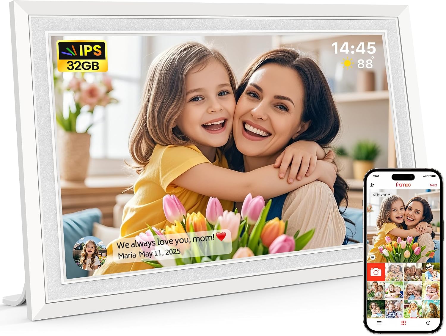 Frameo 10.1″ Digital Picture Frame, Smart WiFi Digital Photo Frame with 1280×800 HD IPS Touch Screen 32GB Memory Auto-Rotate Wall Mounted, Share Photos/Videos from Phone Anywhere(White)