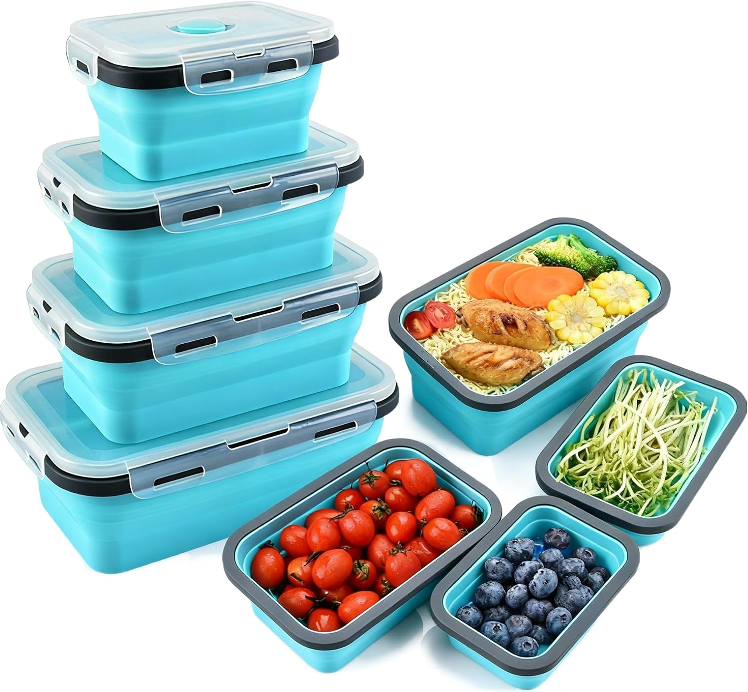 Collapsible Silicone Food Storage Containers, 4Pcs | Reusable Foldable Snack Container, Airtight Lids, Freezer Microwave Safe, Leakproof, For Kitchen Office Camping Picnic
