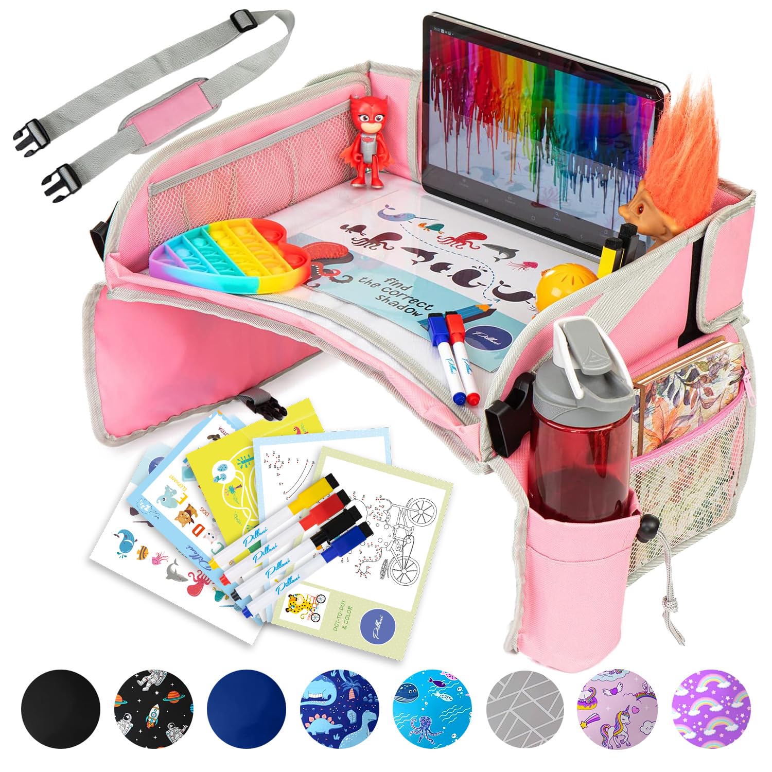 Kids Travel Tray for Car – Car Seat Tray for Kids Travel, Road Trip Essentials, Carseat Table for Roadtrip Activities – Must Haves Toddler Lap Desk Organizer for Airplane – Car Accessories