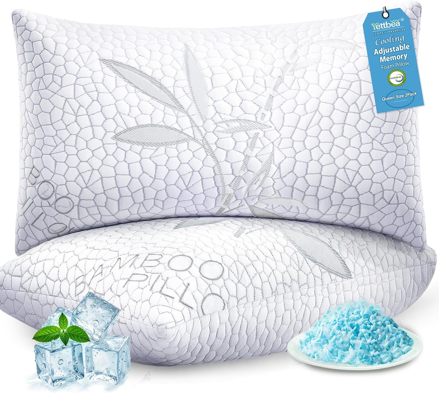 Yettbea Bamboo Cooling Shredded Memory Foam Bed Pillows Queen Size Set of 2 | Plush Firm Support, Neck Pain Relief, Hypoallergenic, Washable Oeko-tex Cover, CertiPUR-US Foam, Adjustable for All Sleepers