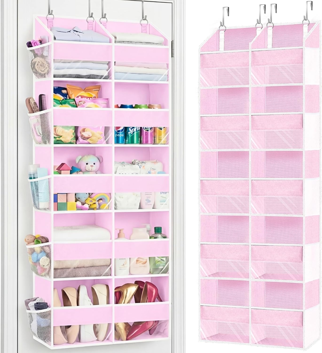 Pink Over The Door Organizer 5 Tiers, Extra Large Behind Door Storage of 10 Compartments, 50 lbs Weight Capacity Over The Door Storage for Closet, Diaper Organizer