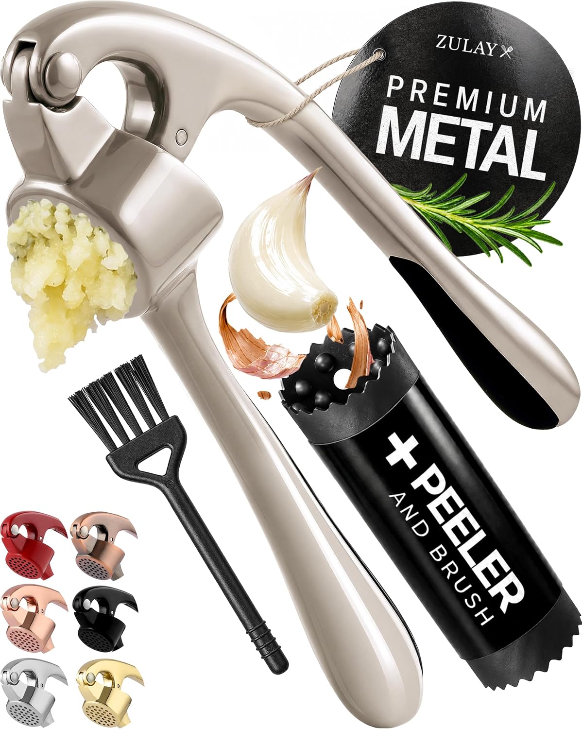 Zulay Kitchen Premium Garlic Press Set – Rust Proof Professional Garlic Mincer Tool – Easy-Squeeze, Easy-Clean with Soft, Ergonomic Handle – Silicone Garlic Peeler & Brush (Silver)