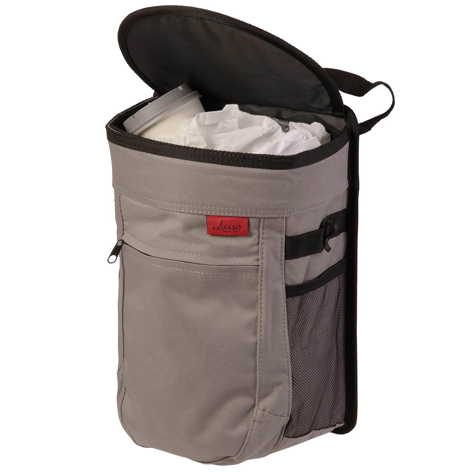 Lusso Gear Spill-Proof Car Trash Can – Leakproof Liner & Flip-Top Lid Auto Trash Can – Hangs in Trucks & SUVs as Trunk Organizer – 2.5-Gal Mesh Pockets for Camper Accessories – 2.5 Gal, Gray, Round