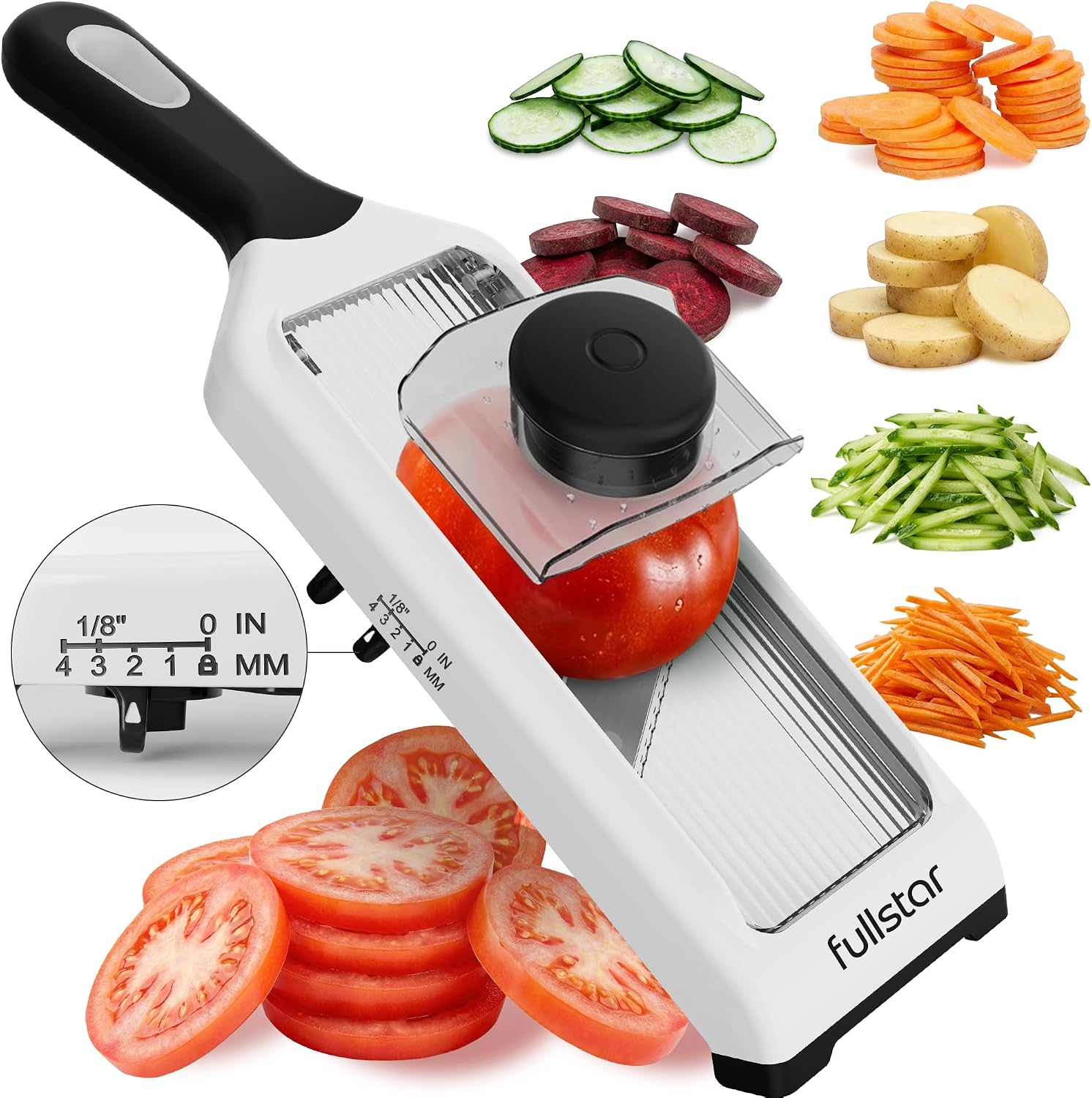 Fullstar – Handheld Mandoline Vegetable Slicer & Julienne Cutter | 2 in 1 Onion, Veggie & Fruit Slicer, 4 Thickness Settings with Stainless Steel Guard for Easy & Safer Slicing (White)