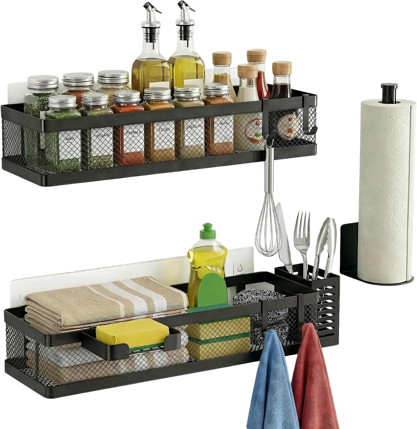PUSDON 5-in-1 16.5″ Extra Long Slim Wall Mount Wrapped Mesh Kitchen Organizer & Shower Caddy Kit, with Paper Towel Holder, Utensil Holder, Soap Dish, Holds 50LBS – Matte Black, Netting