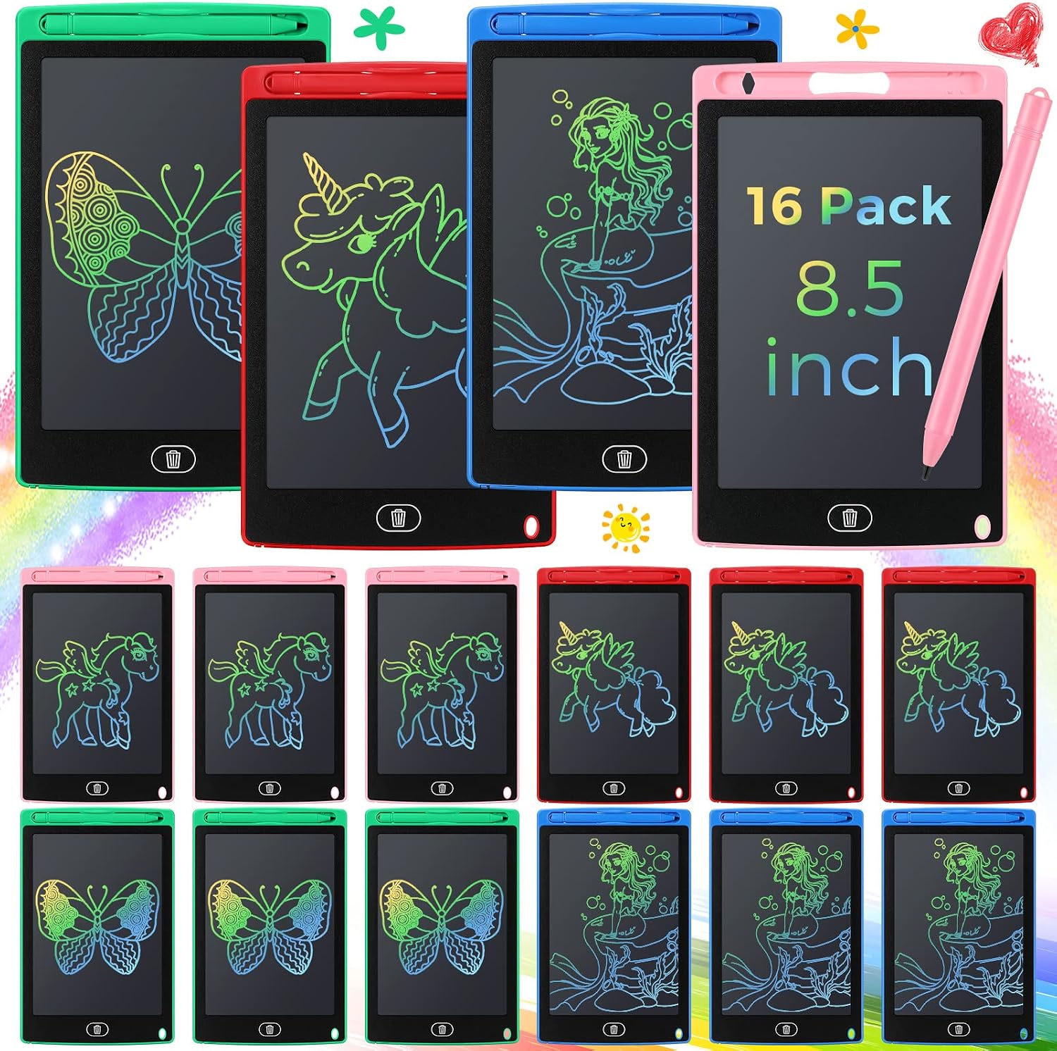 Epakh 16 PCS LCD Writing Tablet for Kids – 8.5 Inch Reusable Writing Board Drawing Doodle Pad Gift for Girl & Boy, Toddlers, Back to School, Birthday Party Favors(Blue, Green, Pink, Red)