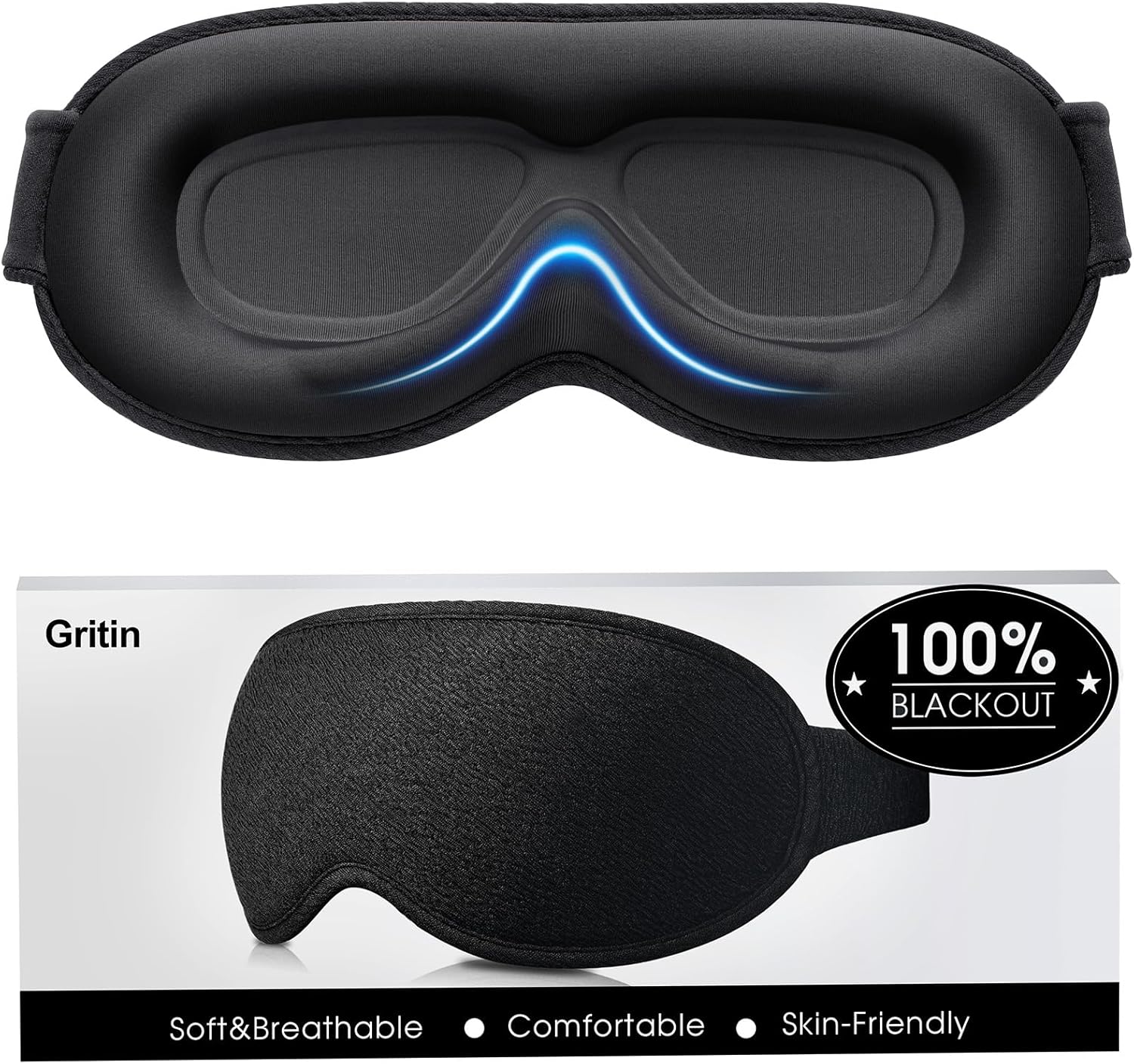 Gritin 100% Blackout Sleep Eye Mask for Women Men, Zero Pressure Sleep Mask | Ergonomic Design 3D Cutout Eye Movement and Eyelash Friendly Night Blindfold, Ultra Soft Comfortable for Sleeping