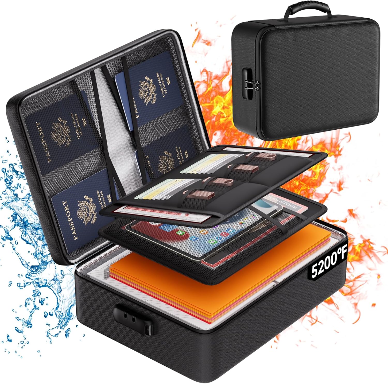 DocSafe 5200°F Fireproof Document Organizer Box with Lock, Heat Insulated | Upgraded Fire＆Water-Resistant Box 8 Layers File Organizer,Portable Home Travel Safe Storage for Important Documents and More
