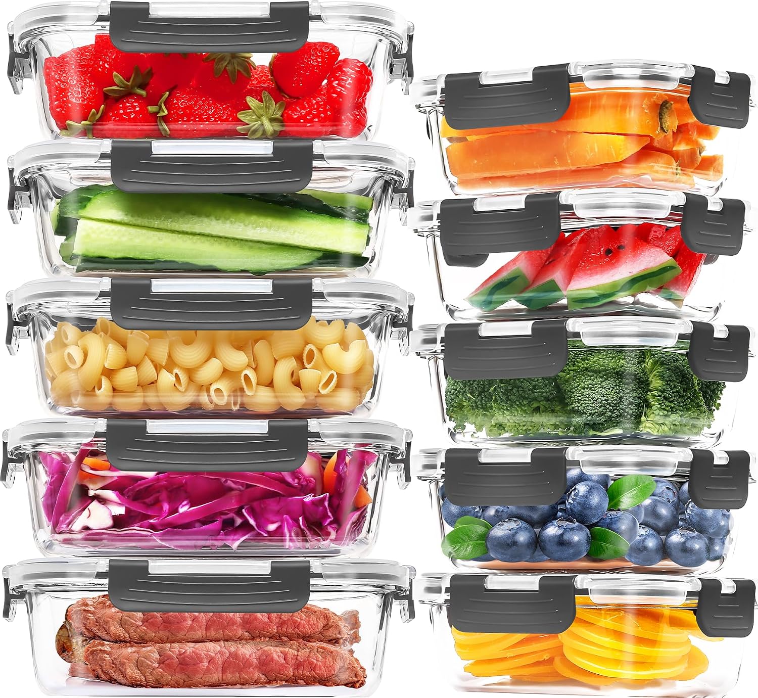 10-Pack Large Glass Meal Prep Containers, Food Storage Containers with Lids | Pantry Kitchen Organizers and Storage, Glass Lunch Bento Boxes for Microwave, Oven, Freezer and Dishwasher, Leak Proof, Grey