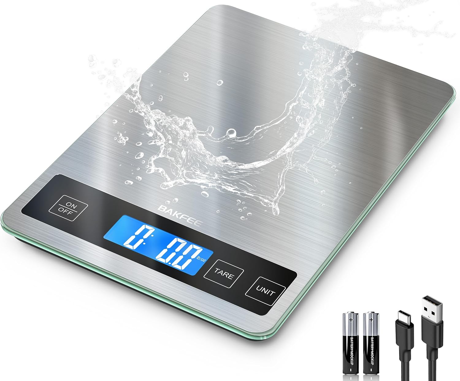 Rechargeable Food Scale, 33lb Kitchen Scale with 1g Precision, Black | Premium Stainless Steel & Tempered Glass, Splash-Resistant Sturdy Surface, USB-C or Batteries, for Cooking, Baking, Meal Prep