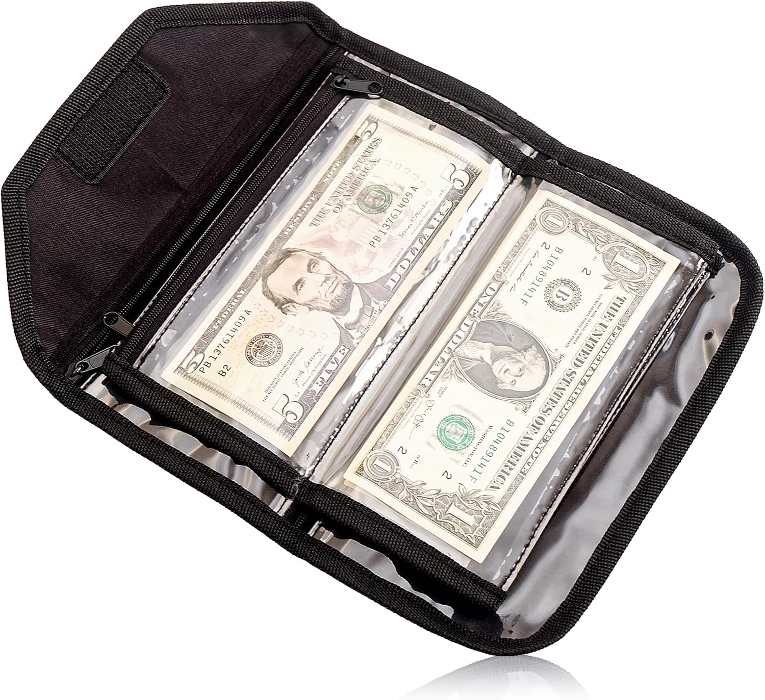 Money Wallet Organizer – 6 Zippered Pouch Multipack, Cash Envelopes for Budgeting and Savings (Black)