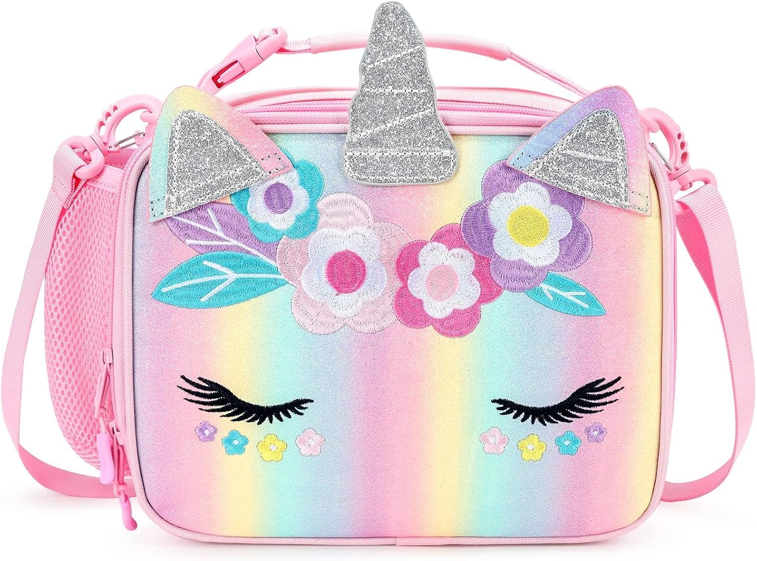 Unicorn Lunch Bag Kids Insulated Lunch Box for Girls with Water Bottle Holder and Shoulder Strap (Pink Blue Rainbow)