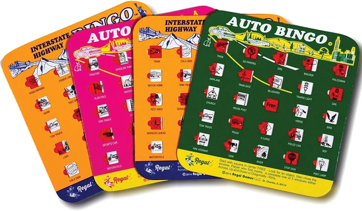 Regal Games Finger-Tip Shutter Bingo Cards with Sliding Windows – Interstate Bingo & Auto Bingo Game – Assorted Colors Travel Game Bingo Set Kids – Reusable, No Chips & Daubers Needed – 4 Packs