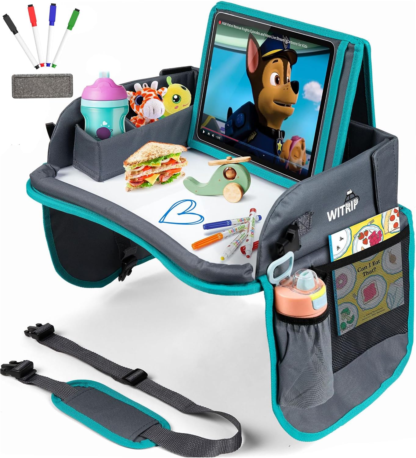 Kids Travel Tray with Dry Erase Board WITRIP- Car Seat Tray for Kids Travel, Carseat Table Top for Toddler, Lap Desk for Car Seat, Activity Organizer & Snack Holder,Road Trip Essentials for Kid (Aqua)