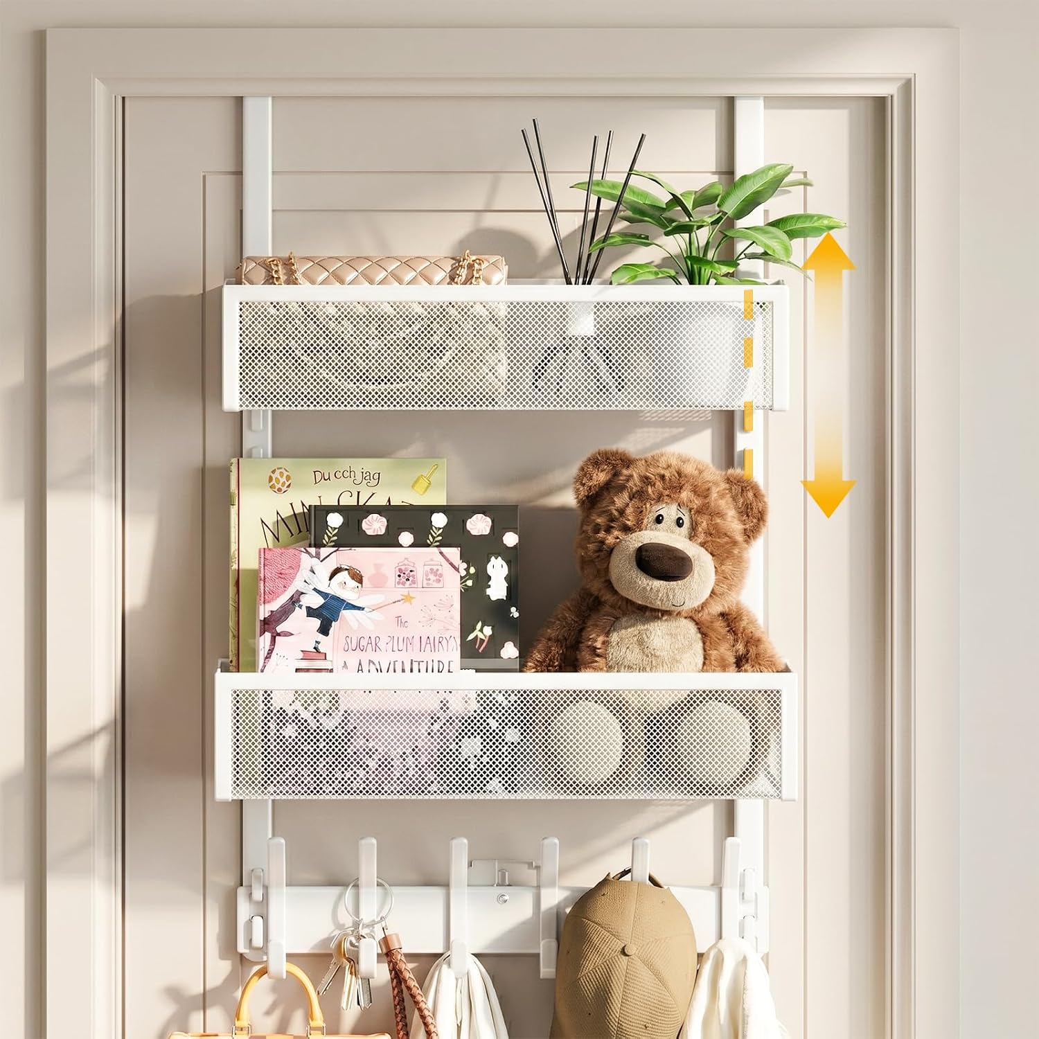 Over the Door Hooks Organizer,Door Hanger Fits Doors 1 3/4″ White | 12 Coat Hooks and 2 Mesh Basket,Space-Saving,Back Storage Organizer,Over The Door Towel Rack,for Bathroom,Bedroom,Kitchen