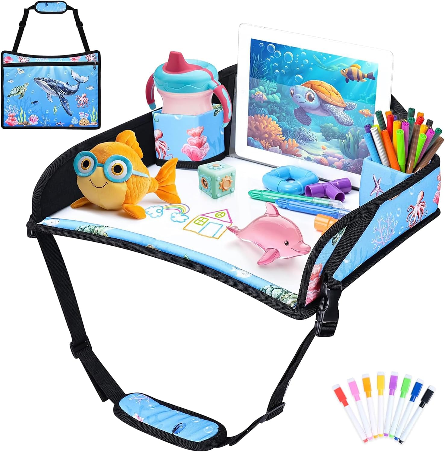Toddler Car Seat Travel Tray FOR Road Trip Activities, 1PCS Whale | With 16.7″ x 13.4″ Smooth Dry Erase Board, Cup holders, Ddjustable Strap & Shoulder Carry Strap