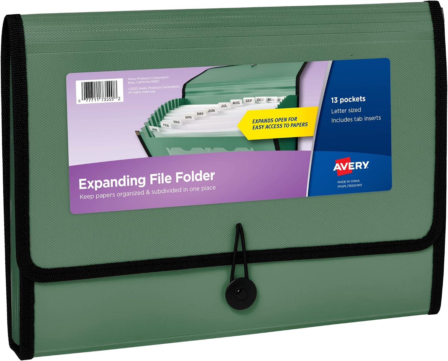 Avery Expanding File Folder Organizer, 13-Pocket Accordion File Organizer, Sage, Holds 425 Letter/A4-Size Sheets (73555)