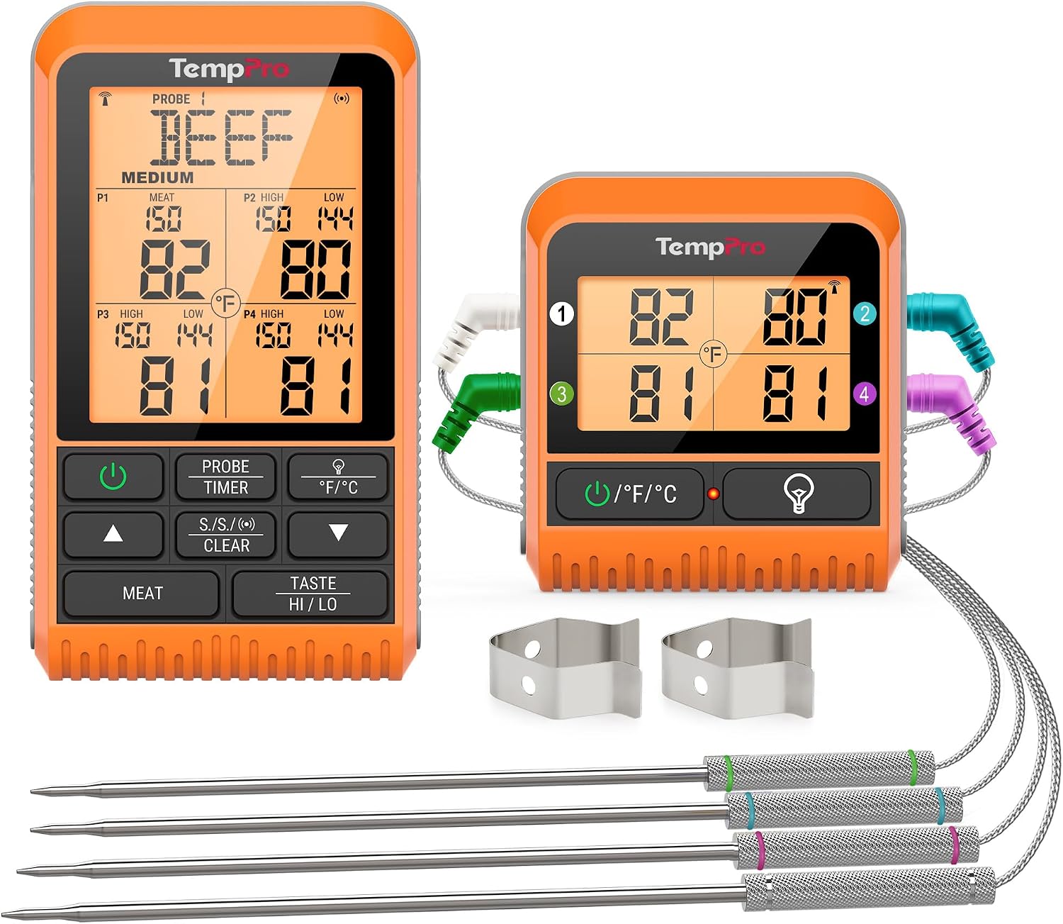 TempPro TP829 1000ft Wireless Meat Thermometer Digital for Grilling and Smoking, 4 Meat Probes Grill Thermometer for Outside Grill, Thermometer Cooking Gift for Dad Him Husband (Previously ThermoPro) | RF Technology, Alarms, Backlit, 4 Color-Coded Probes, Smoker, BBQ, Grill Cooking Tools & Utensils Gift (Previously ThermoPro)