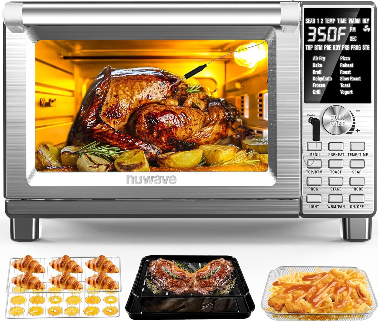 Nuwave Bravo Air Fryer Toaster Smart Oven, 12-in-1 Countertop Convection | 30-QT XL Capacity, 50°-500°F Temperature Controls, Top and Bottom Heater Adjustments 0%-100%, Brushed Stainless Steel Look