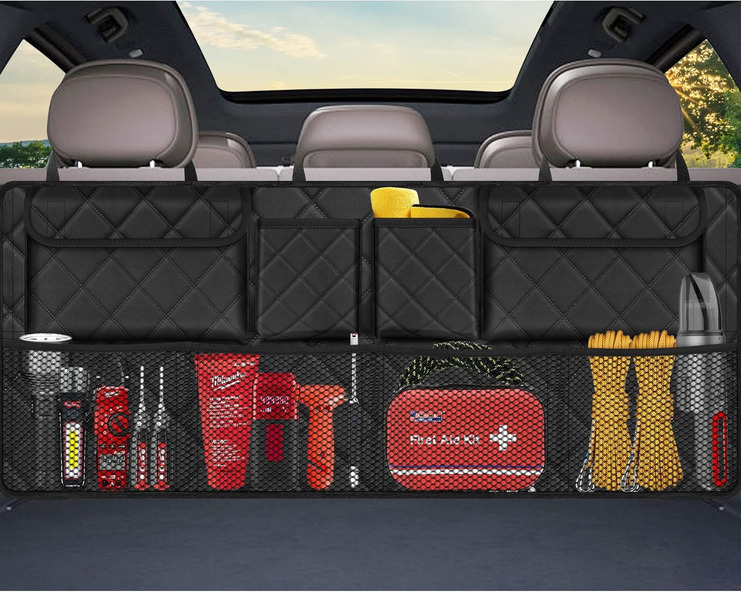 Car Trunk Organizer, Large Capacity Backseat Trunk Organizer (42″*18″), Collapsible Car Storage Bag with 8 Pockets, SUV/MPV/Truck – Black