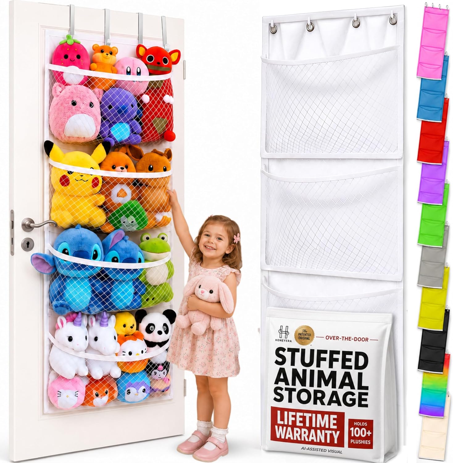 Honeyera The Original Stuffed Animal Storage (Patented) – Over Door Organizer for Stuffies, Baby Ideas Holder, Toy Plush Hammock Hanging Net Big Girls Toddler Large Bag Animals Stuffy Behind