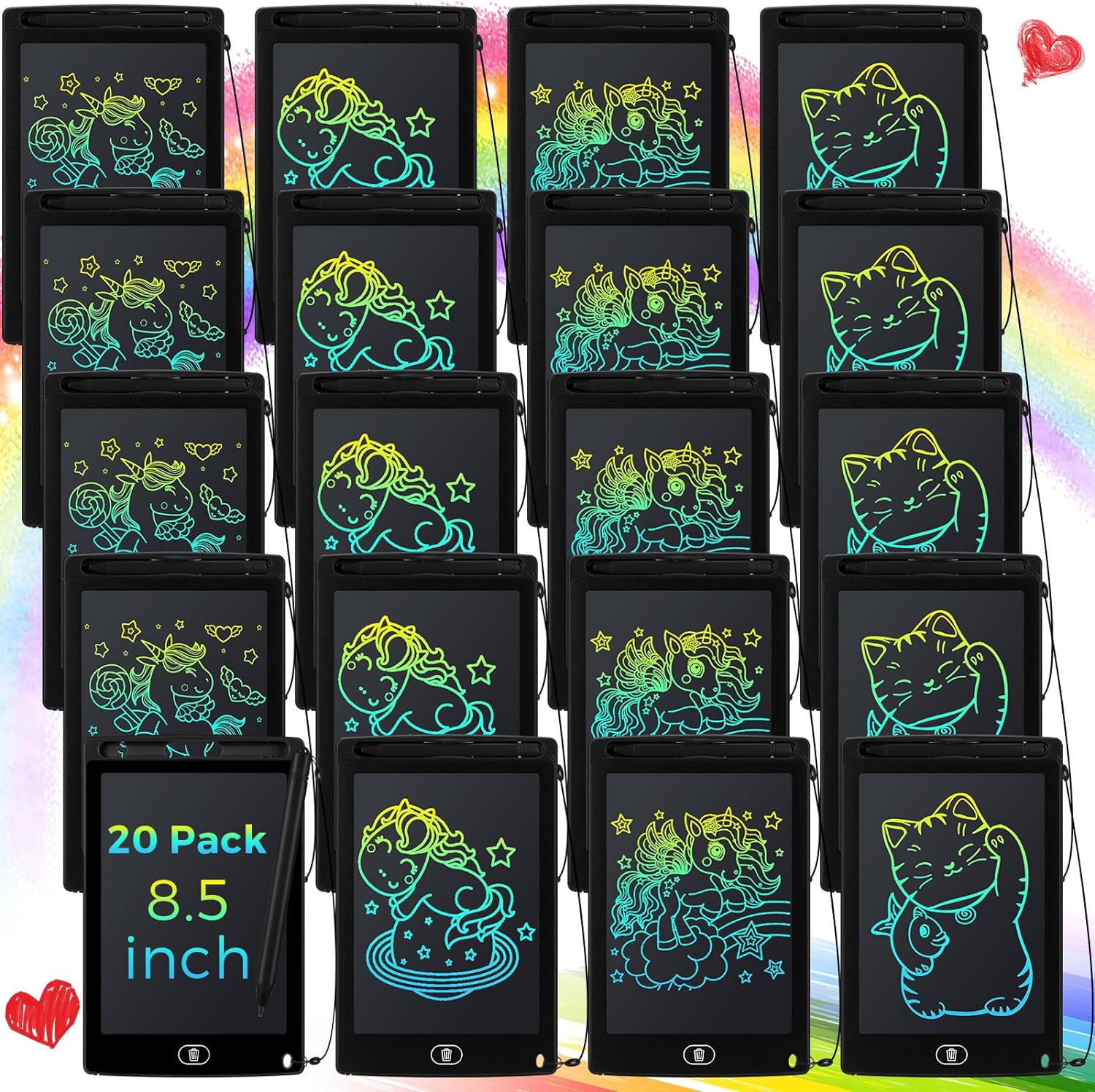 Zhehao 20 Pack LCD Writing Tablet for Kids: 8.5 Inch Colorful Drawing Doodle Boards – Reusable Erasable Doodle Board Educational Learning Toys Gifts for Toddlers Ages 3-8 Party Favors(Black,Cute)