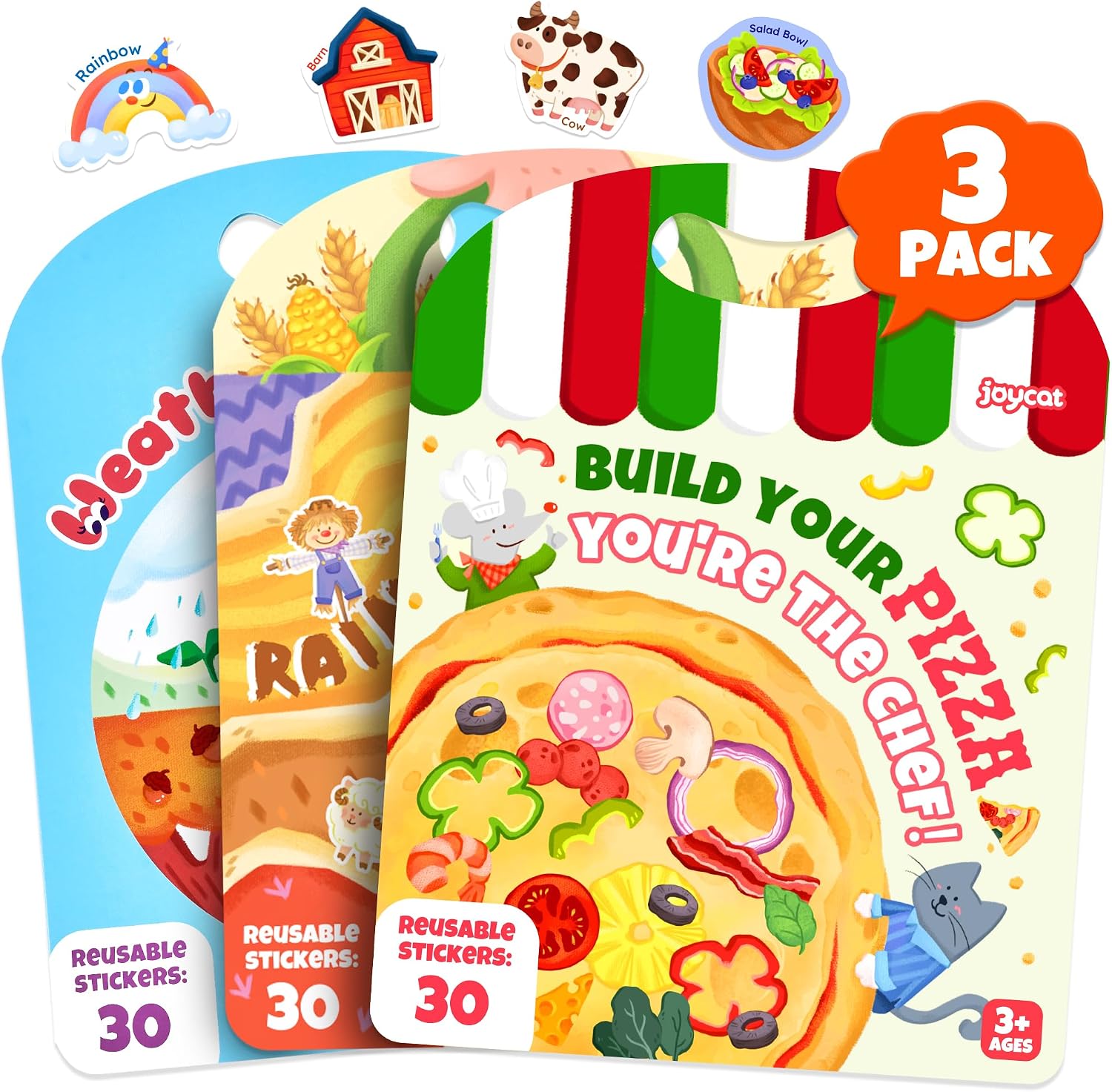 JoyCat Reusable Sticker Book Set, 3-Pack, 90 Stickers, Farm Pizza Weather | Washable stickers make kids sticker activity books and road trip travel toys for toddlers; birthday gifts for boys and girls.