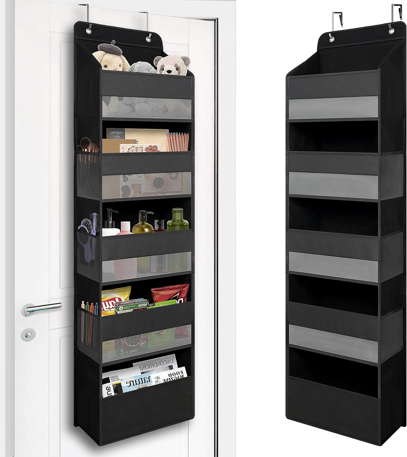 TYMENSH Black Over Door Organizer with 5 Large Clear Pockets and 6 Side Mesh Pockets, Anti-Tilt Hanging Door Storage for Closet, Bathroom, Nursery, Bedroom, Dorm, Toys, Cosmetics