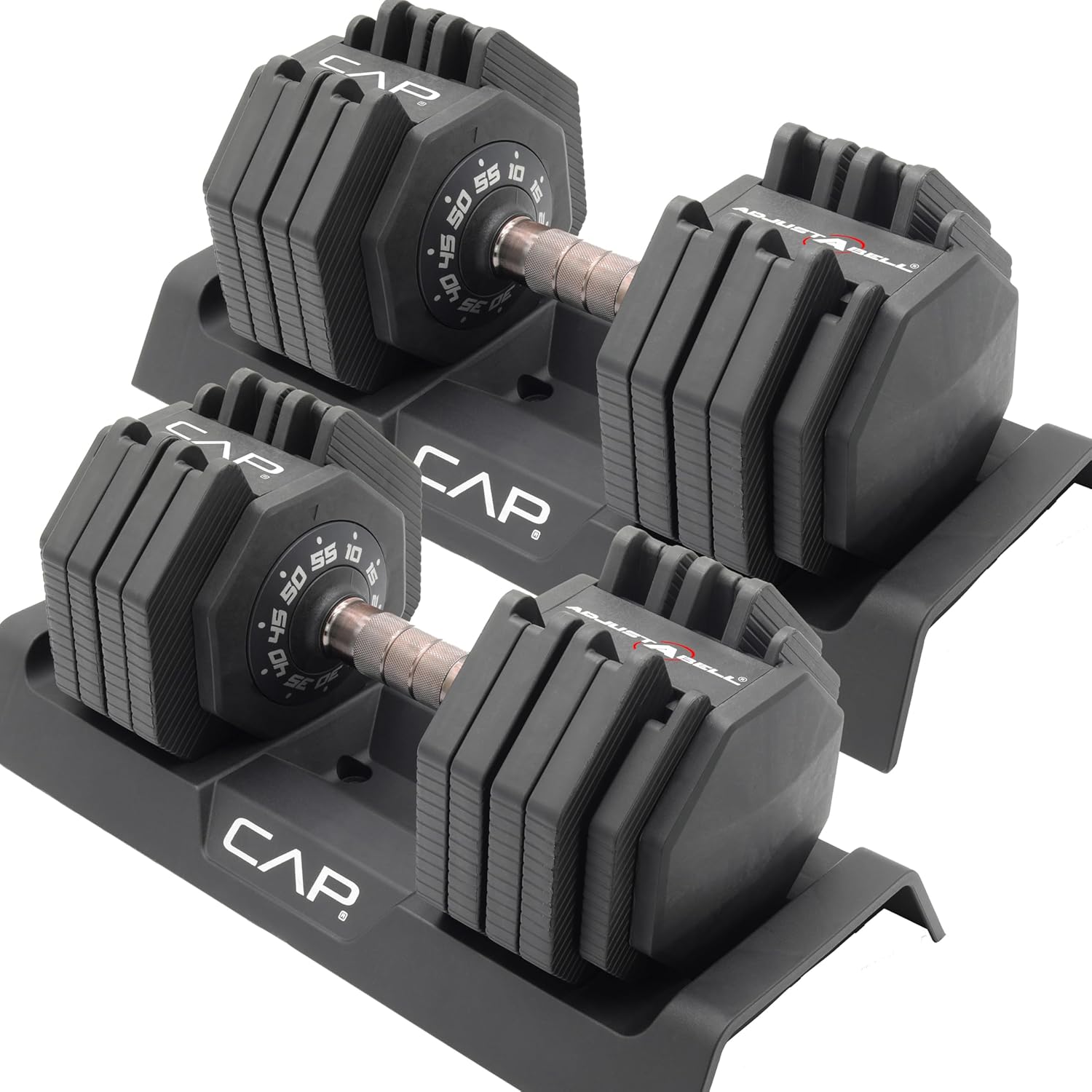 CAP ADJUSTABELL Adjustable Dumbbell Set, Premium Quick Select Adjustable Weights for Strength Training, Singles & Pairs, 12.5 LB, 25 LB & 55 LB, Round & Hex Dumbbells, Multiple Grip Handle Options