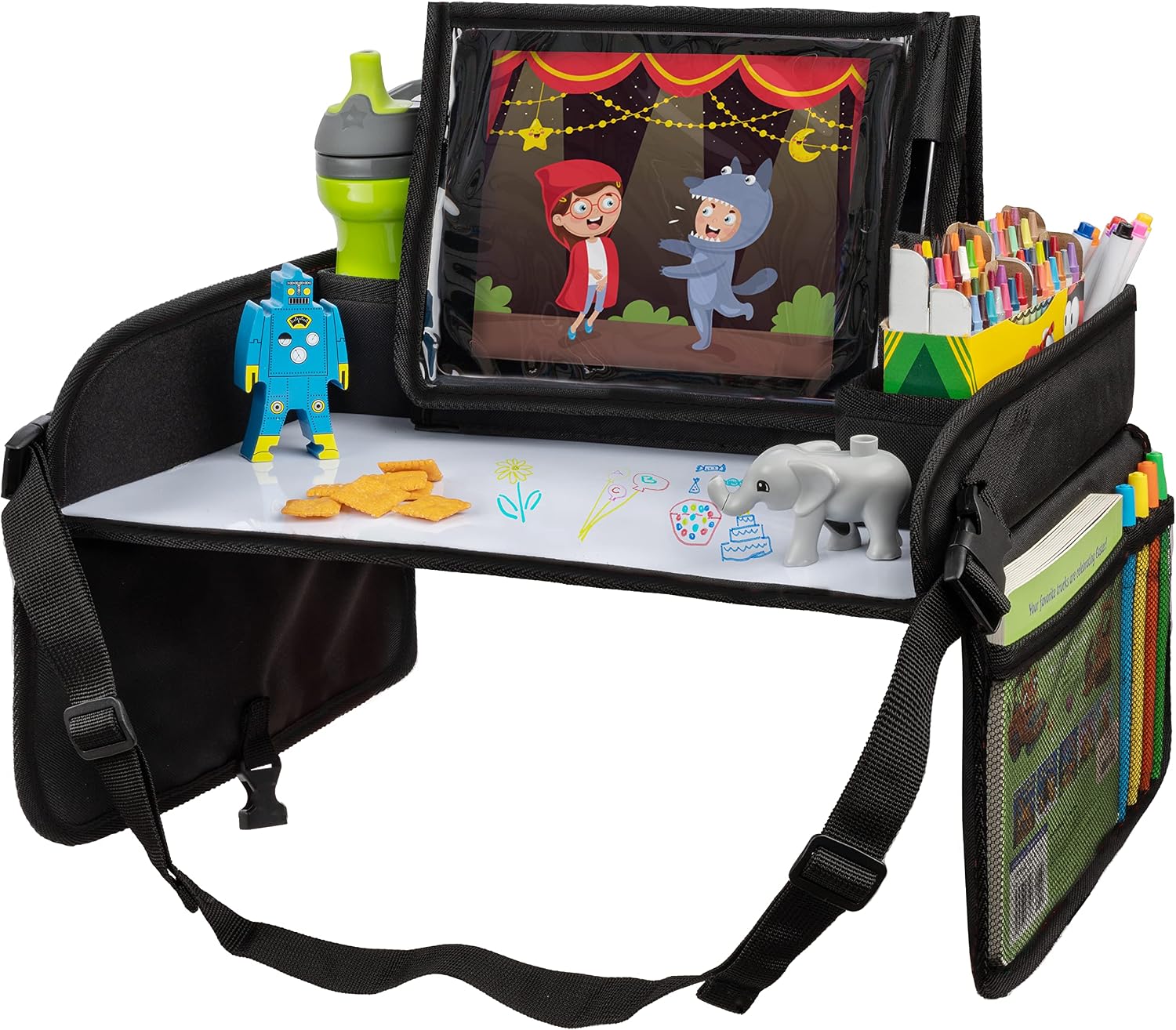Lusso Gear Car Seat Tray – Dry-Erase Lap Desk for Kids Travel Activities – Snack & Cup Holder for Car Back Seat Organizer – Tablet Stand for Toddler Travel Essentials – Black