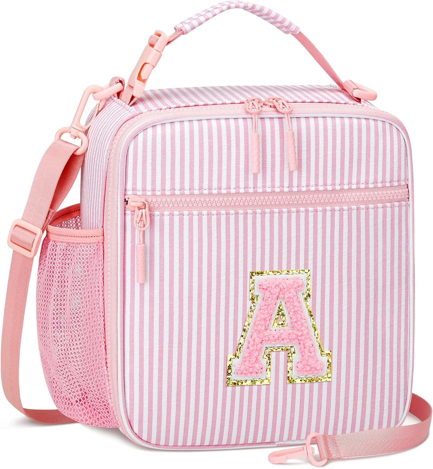 Insulated Lunch Bag Lunch Box for Kids Girls Back to School Gift | Personalized Initial Design, 6-Hour Insulation, Leak-Proof Easy-Clean Lining, 3 Carry Options, Lightweight Design, Pink A
