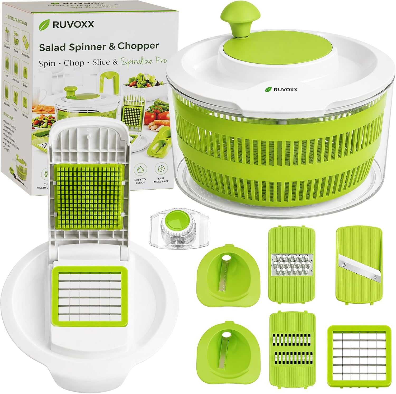 Large Salad Spinner with Slicer – 7-in-1 Lettuce Spinner, Chopper & Grater | Comes with Fruit Washing Bowl with Strainer, Julienne, Spiralizer, Ribbon Cutter and Dicer Attachments. Dishwasher Safe.