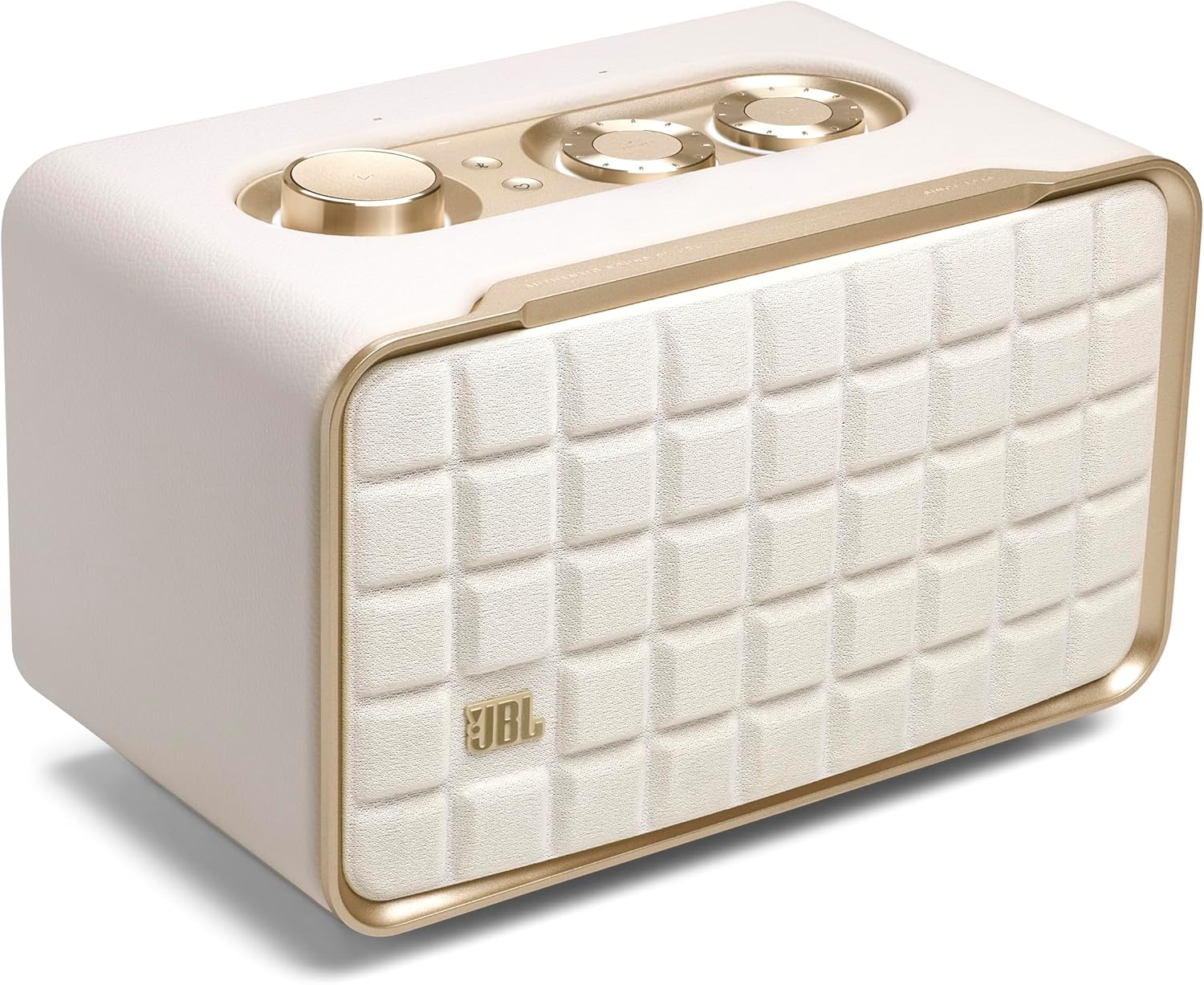 JBL Authentics 200 – Retro Style Smart Home Speaker with Built in Wi-Fi, Bluetooth and Voice Assistants, Alexa and Google Assistant, Multi-Room Playback, Automatic self Tuning (White/Gold)