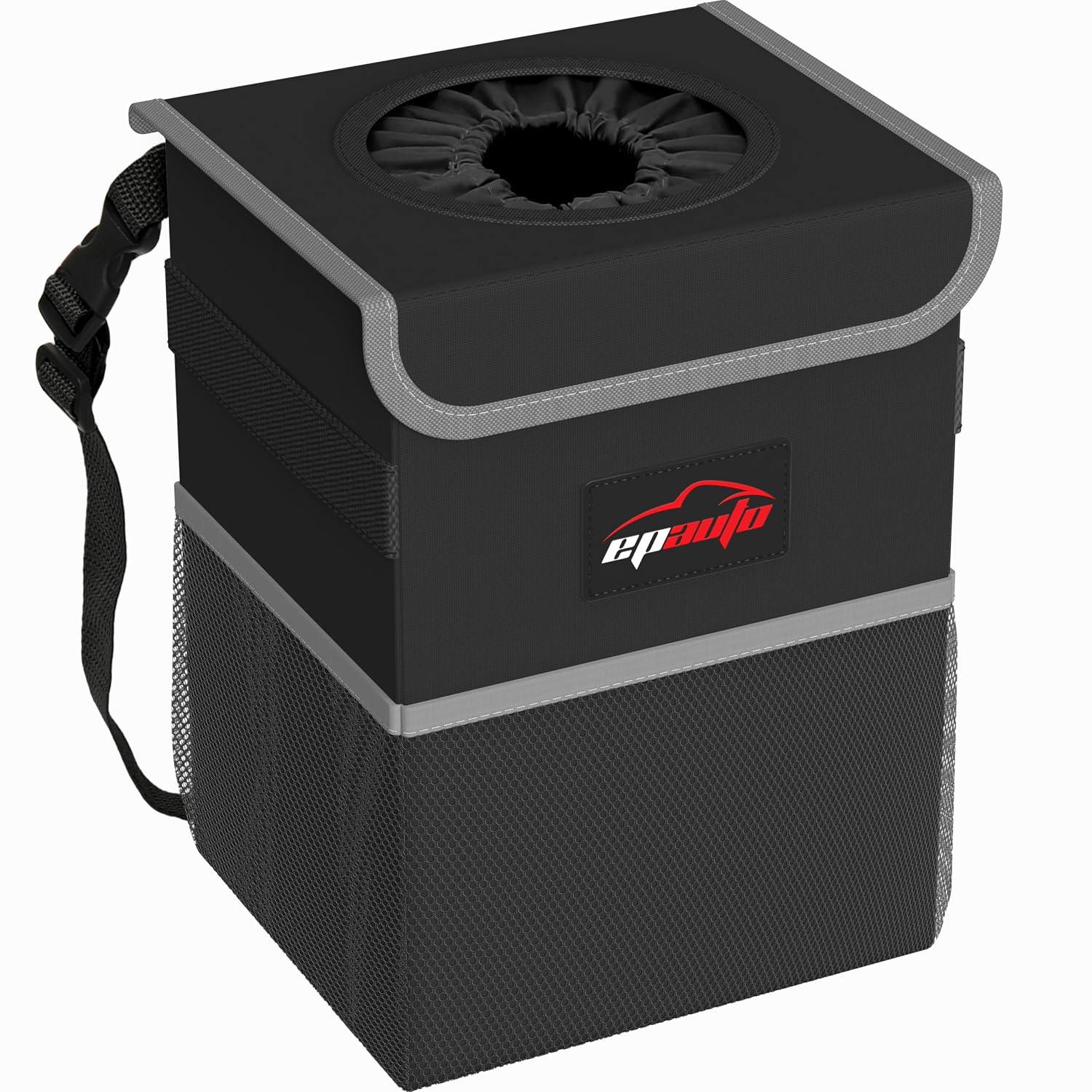 EPAuto Waterproof Car Trash Can with Lid and Pockets, 2.5 Gal, Black | Leakproof, Collapsible Multipurpose Car Bin with 3 Side Storage Pockets, Adjustable Straps