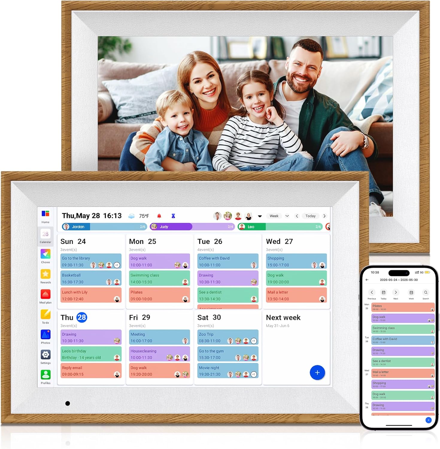 Digital Calendar, 10.1 Inch Electronic Calendar for Family Schedules, Smart Touchscreen Interactive Family Planner with Chore Chart, Meal Planner, Digital Picture Display, Gift for Mom Dad Mother (Wood Grain Color)