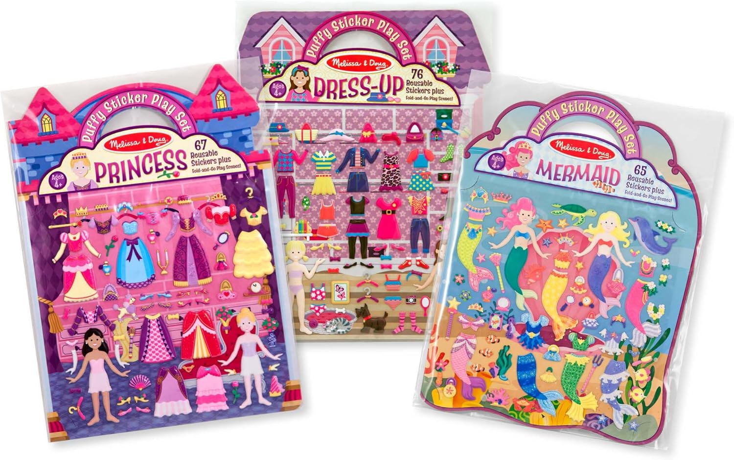 Melissa & Doug Puffy Sticker Activity Books Set of 3 – Dress-Up, Princess & Mermaid, with 208 Reusable Stickers and Fold-Out Scenes, Mess-Free Travel Toys for Kids Ages 4+ – FSC Certified