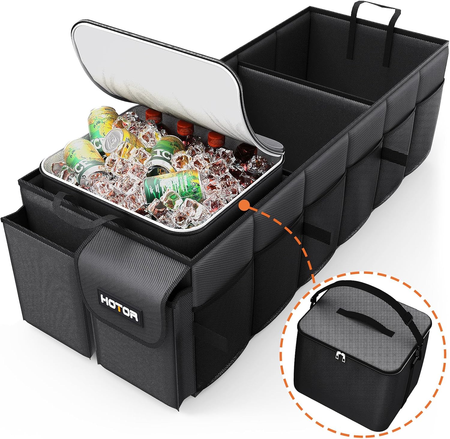 HOTOR Trunk Organizer, Sturdy Foldable with Cooler for Car, Sudan & SUV | Car Organizers and Storage, Detachable Cooler Bag, for Tools, Camping, 3 Compartments, Black, 31.5” x 12.6” x 10.6”